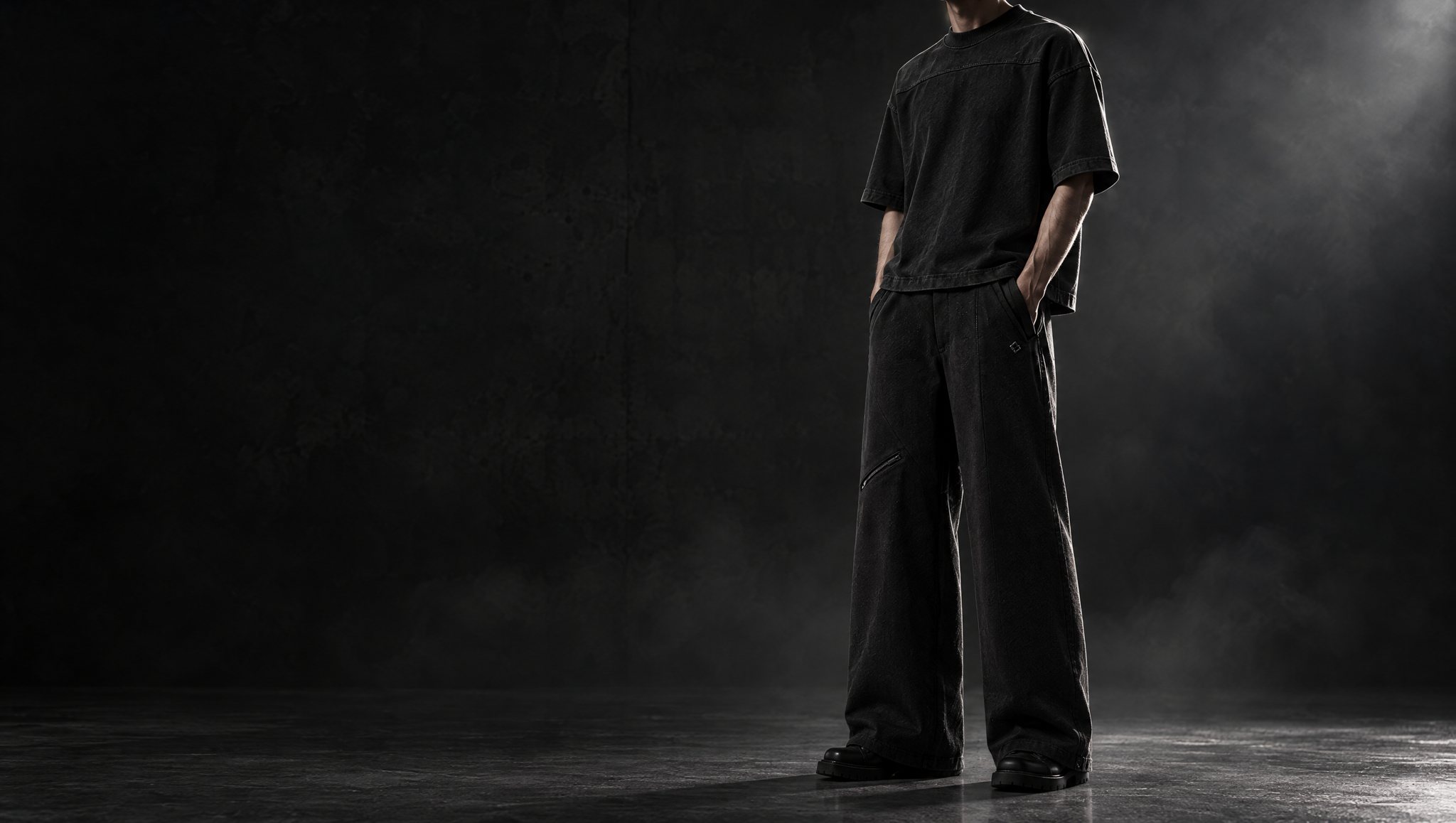 A model in the boxy UMBRA tee and wide-leg trousers, lit from behind in a dark studio