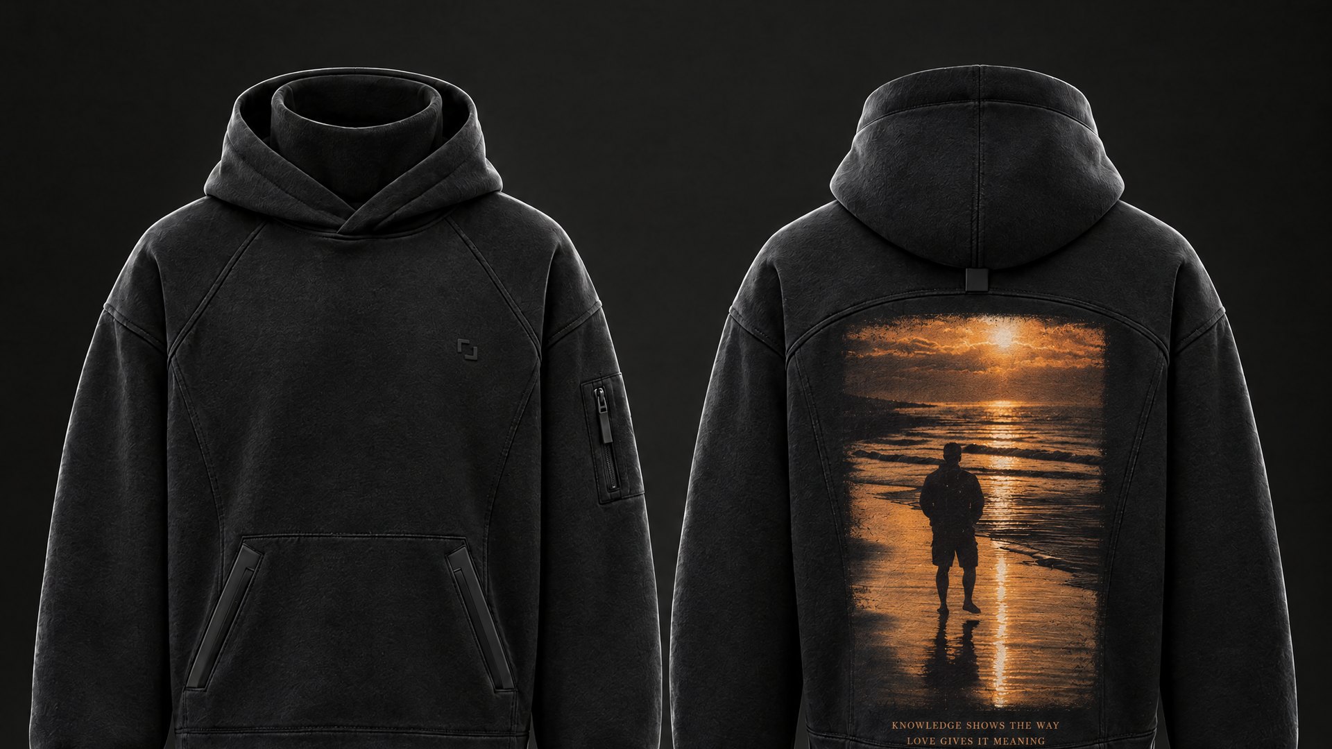The UMBRA hoodie, front and back, with the sunset print and the line Knowledge shows the way, love gives it meaning