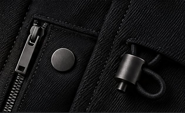 Gunmetal zip pull, snap and cord-lock on black twill
