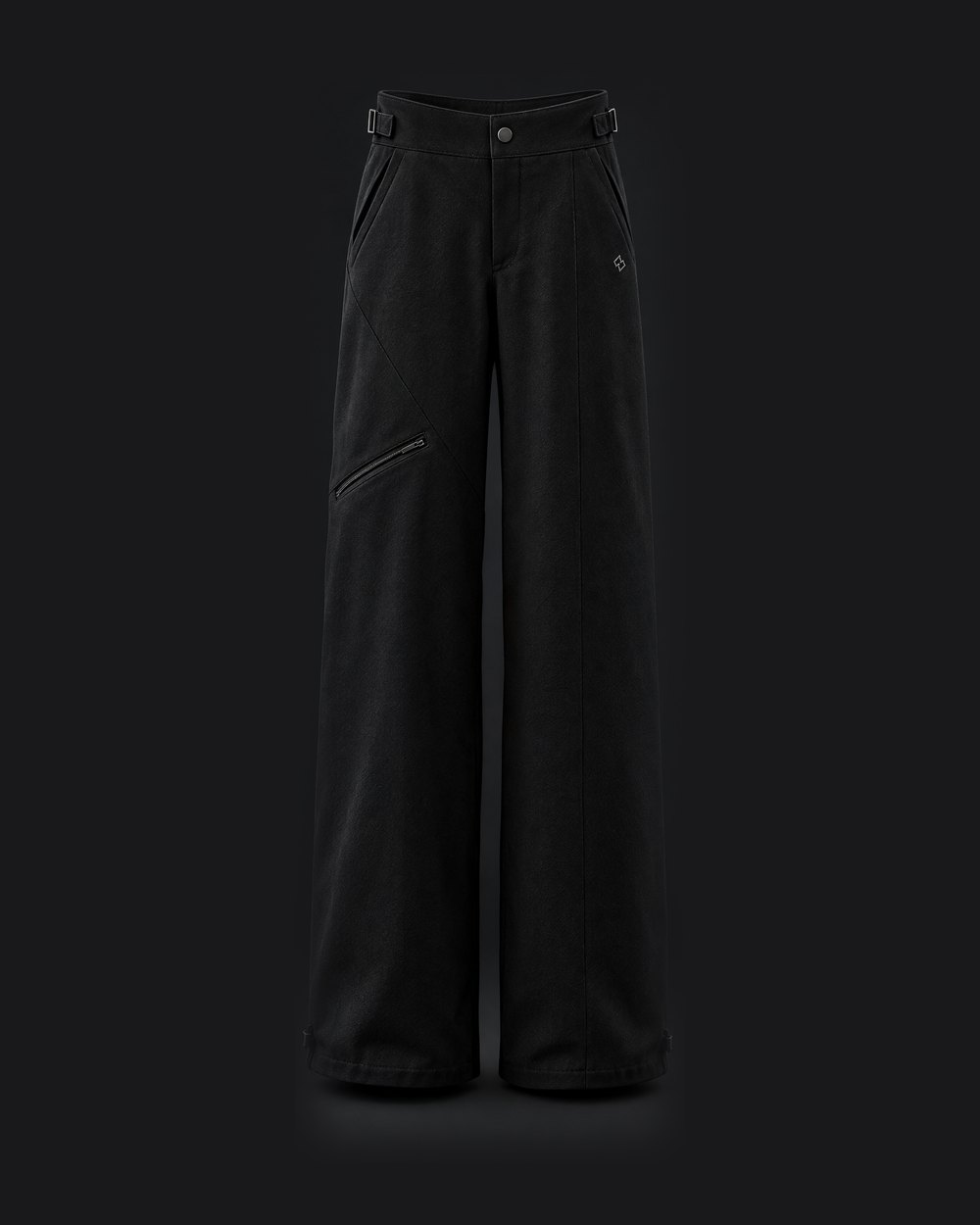 UMBRA Trouser, front: black wide-leg twill with an asymmetric zip pocket
